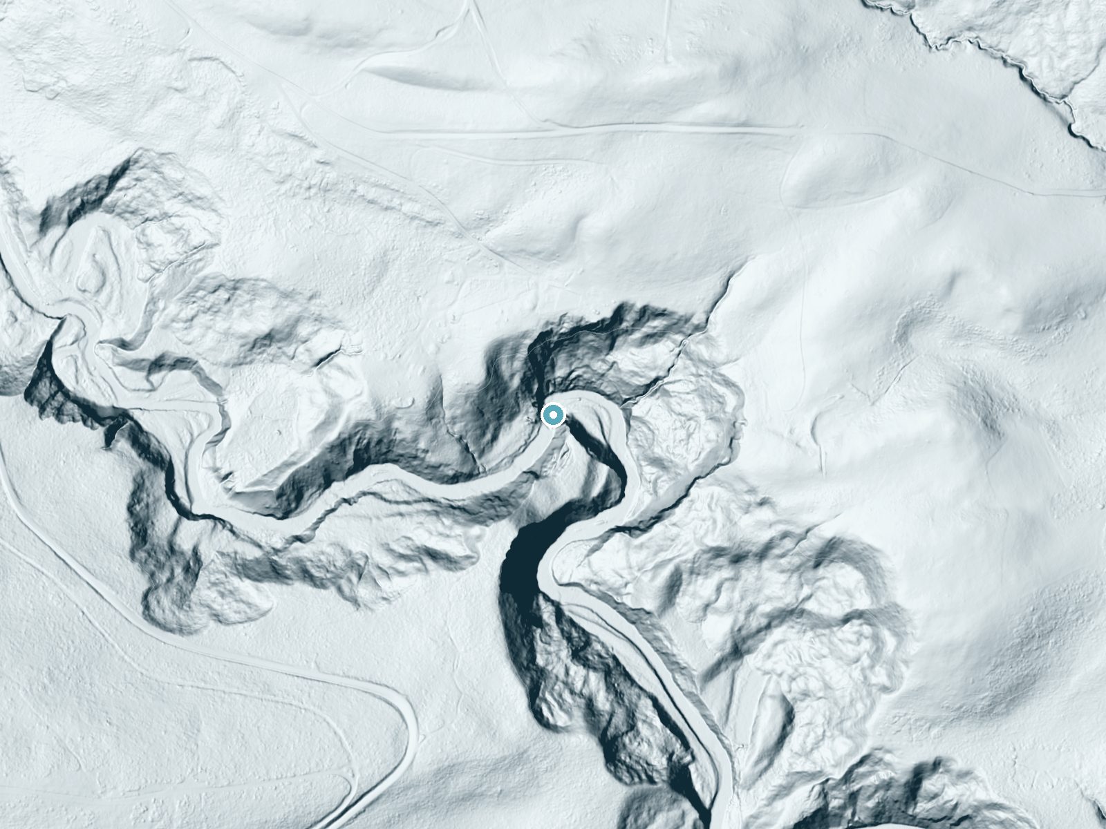 LiDAR bare-earth terrain around Two Medicine Falls near East Glacier Park Village, Montana, showing about 142 feet of drop, a steep tiered drop, facing east