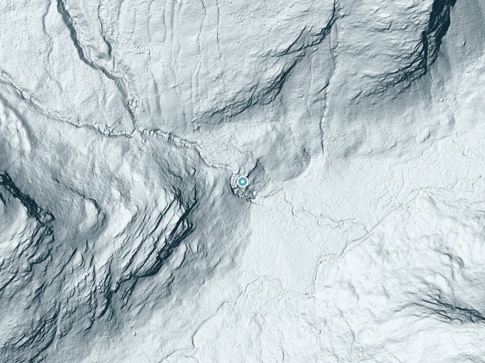LiDAR bare-earth terrain around Twin Falls near East Glacier Park Village, Montana, showing about 186 feet of drop, a steep tiered drop, facing southeast