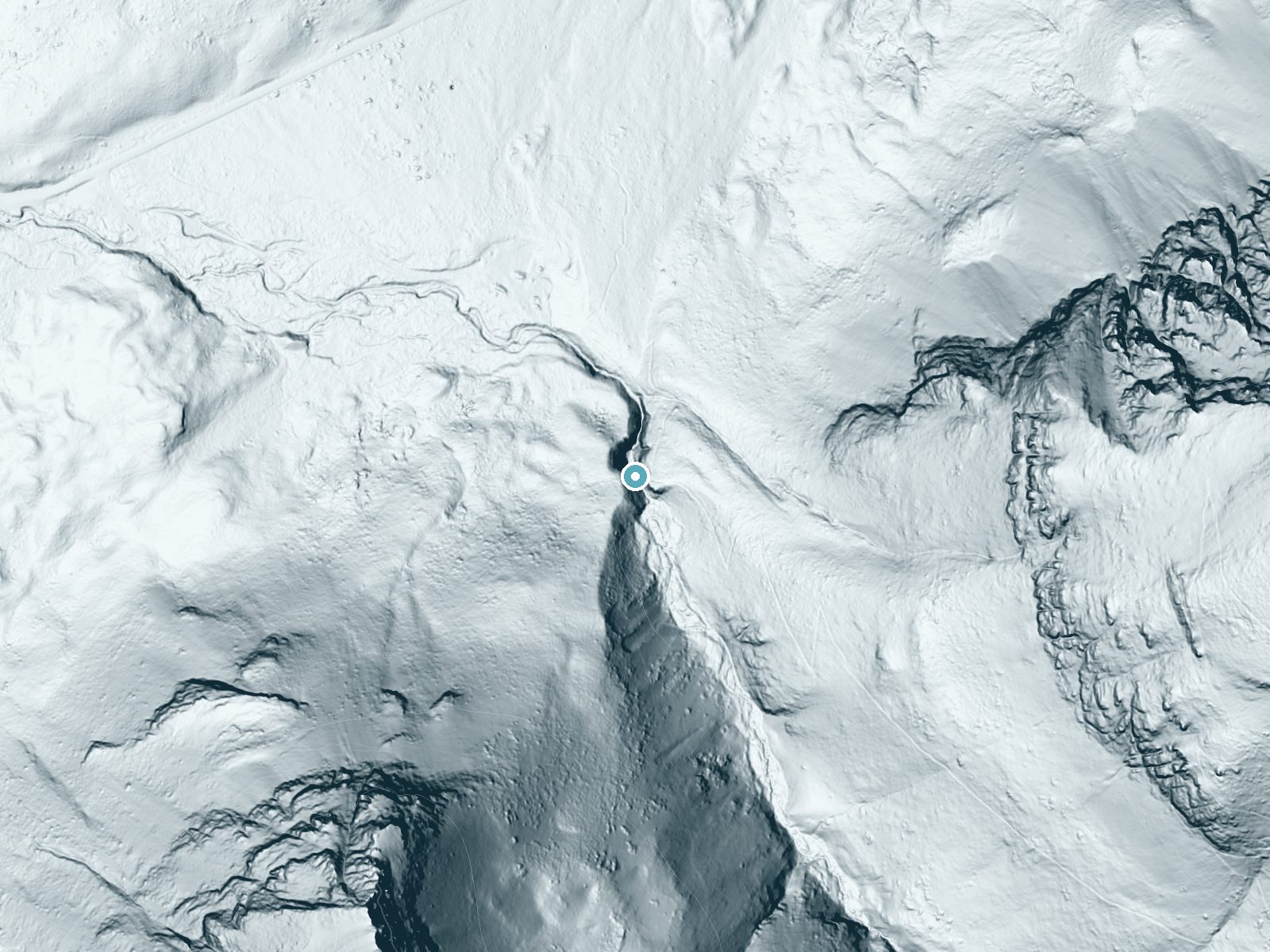 LiDAR bare-earth terrain around Appistoki Falls near East Glacier Park Village, Montana, showing about 164 feet of drop, a steep tiered drop, facing north