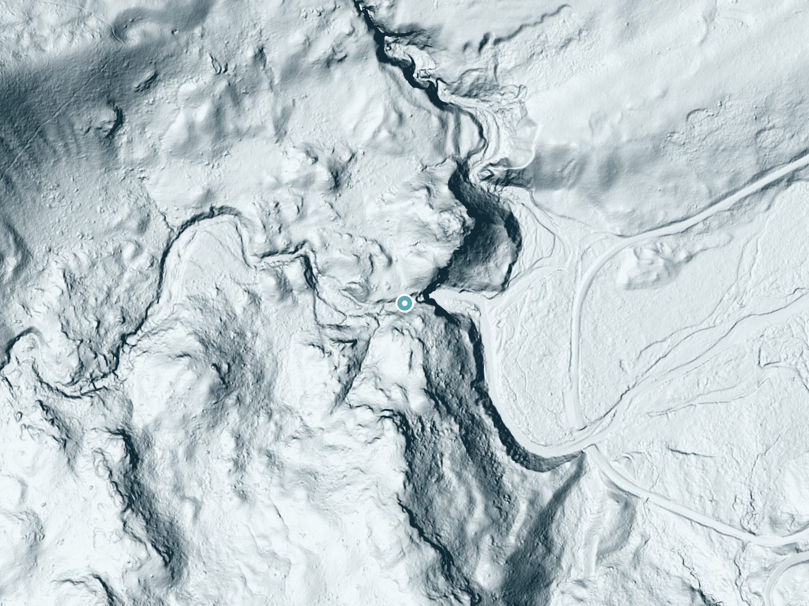 LiDAR bare-earth terrain around Running Eagle Falls near East Glacier Park Village, Montana, showing about 161 feet of drop, a long cascade, facing northeast