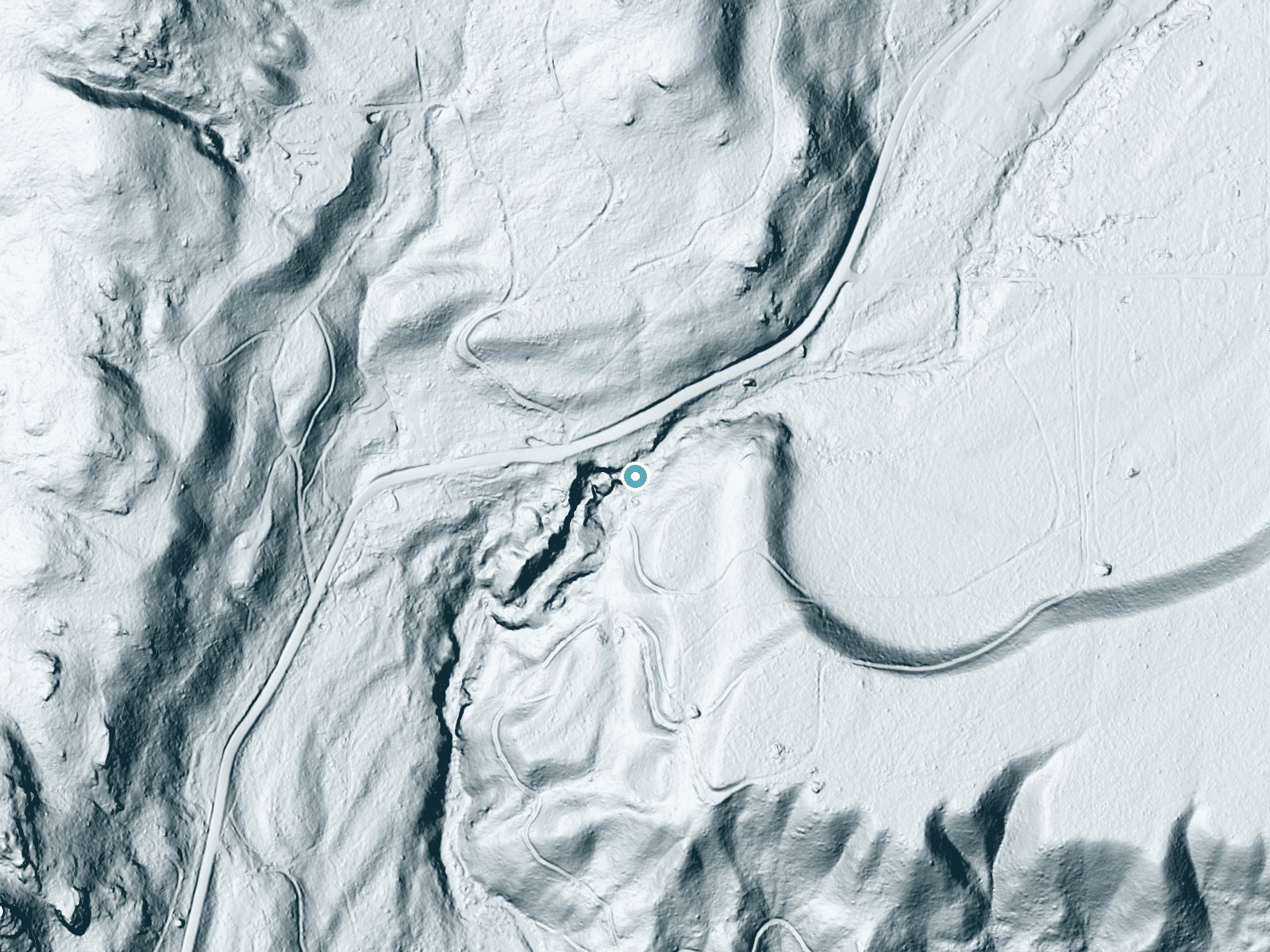 LiDAR bare-earth terrain around Crystal Falls near Colville, Washington, showing about 131 feet of drop, a long cascade, facing west