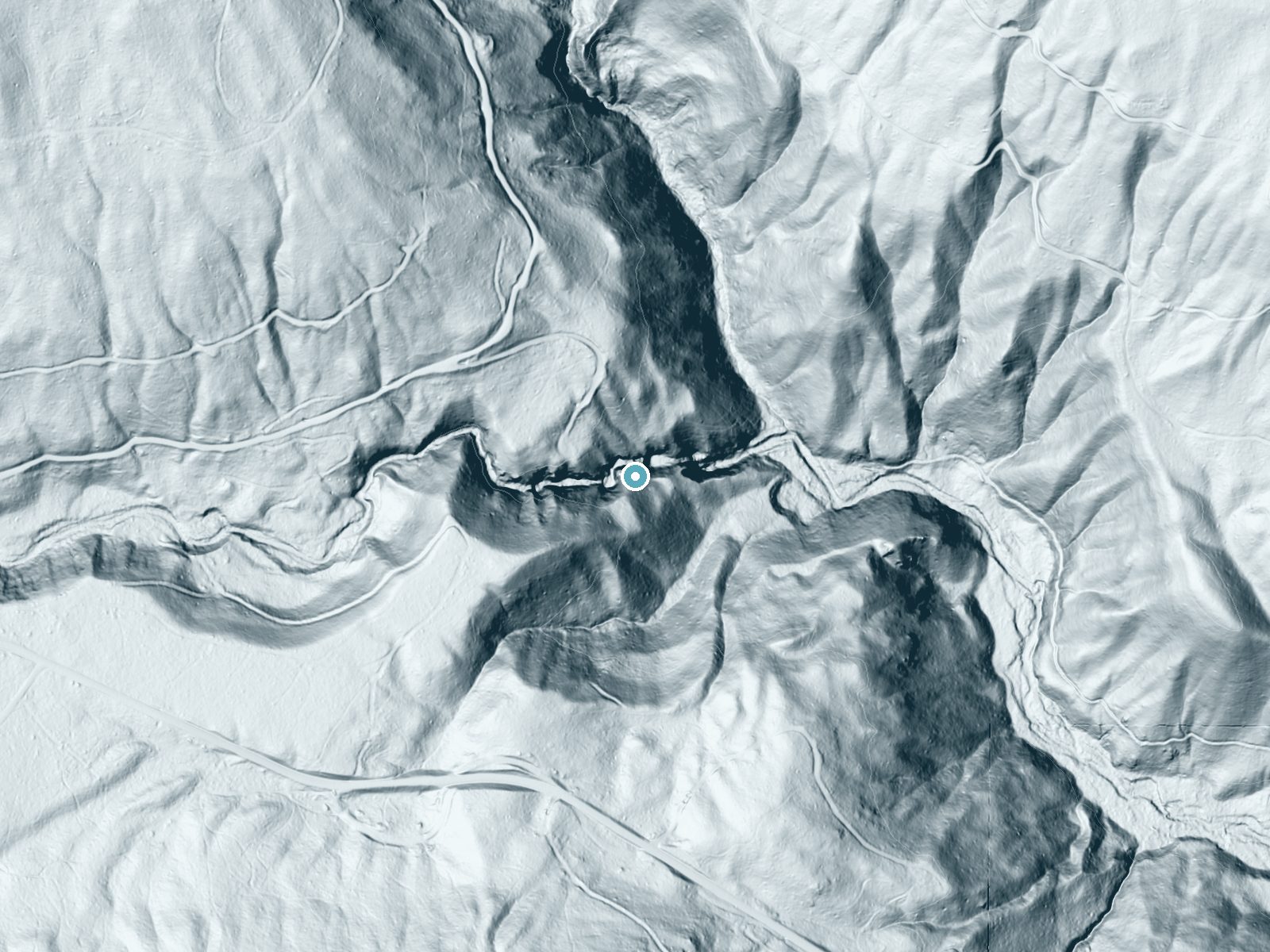 LiDAR bare-earth terrain around Salmon Falls near Conconully, Washington, showing about 224 feet of drop, a steep tiered drop, facing east