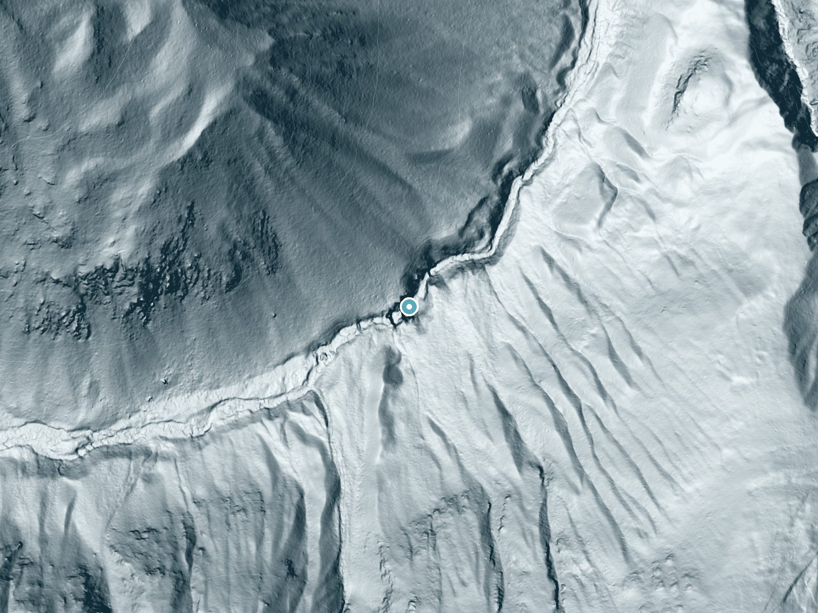 LiDAR bare-earth terrain around Cedar Falls near Winthrop, Washington, showing about 162 feet of drop, a steep tiered drop, facing northeast