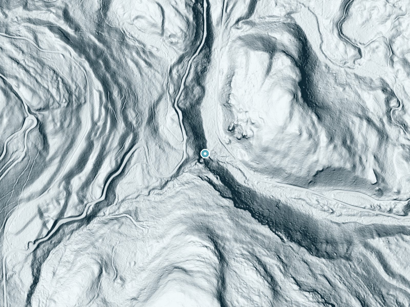 LiDAR bare-earth terrain around Martin Falls near Olney, Montana, showing about 169 feet of drop, a steep tiered drop, facing east