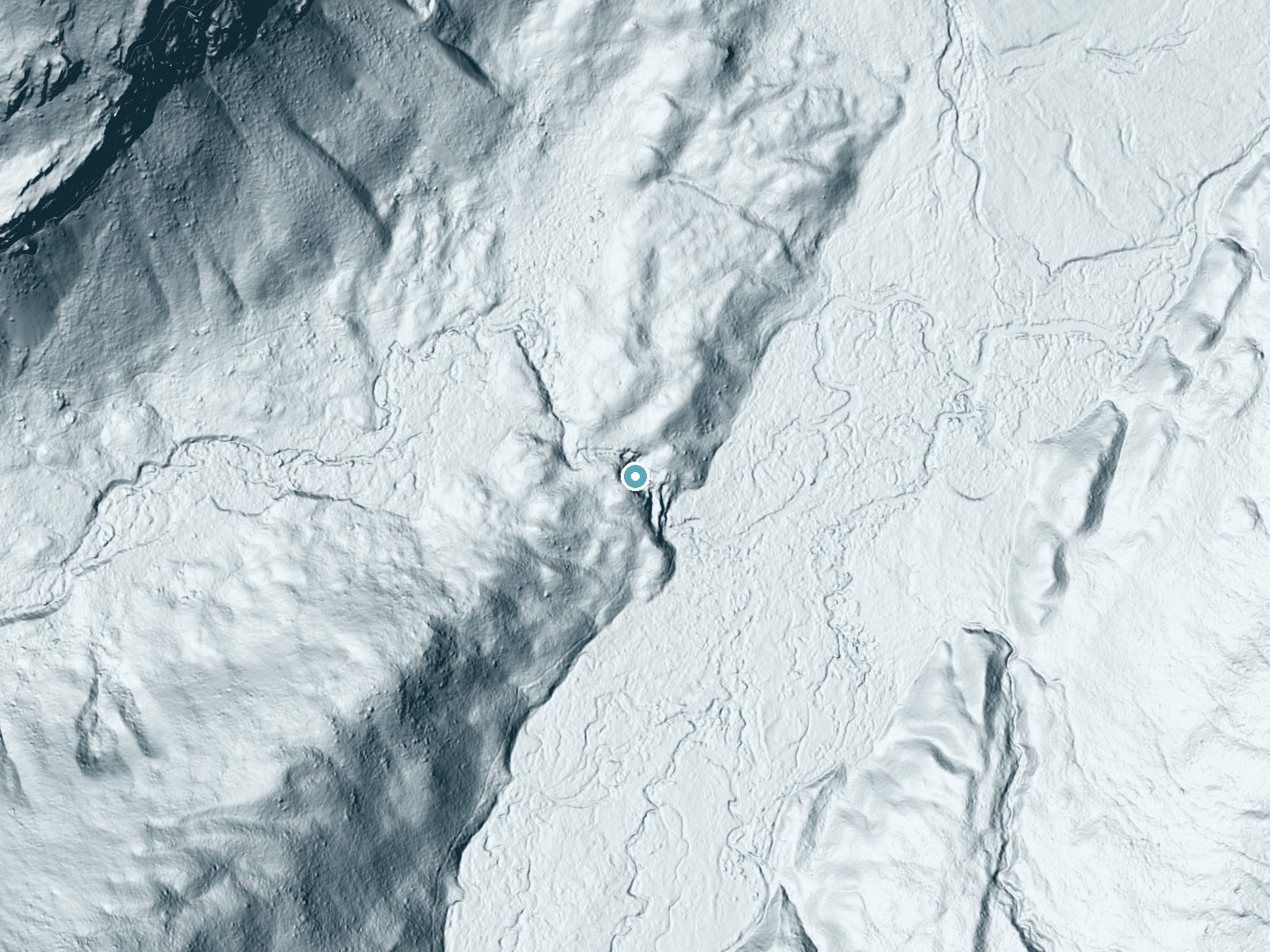 LiDAR bare-earth terrain around Atlantic Falls near Saint Mary, Montana, showing about 90 feet of drop, a steep tiered drop, facing southeast