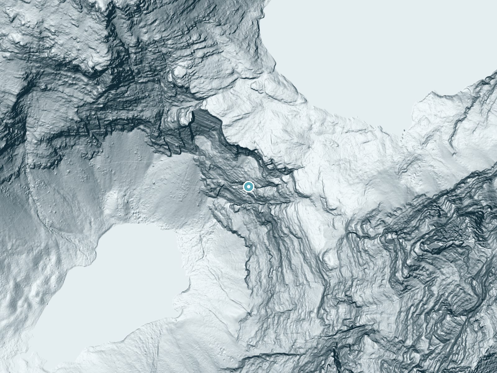 LiDAR bare-earth terrain around Beaver Chief Falls near West Glacier, Montana, showing about 738 feet of drop, a single sheer drop, facing southwest