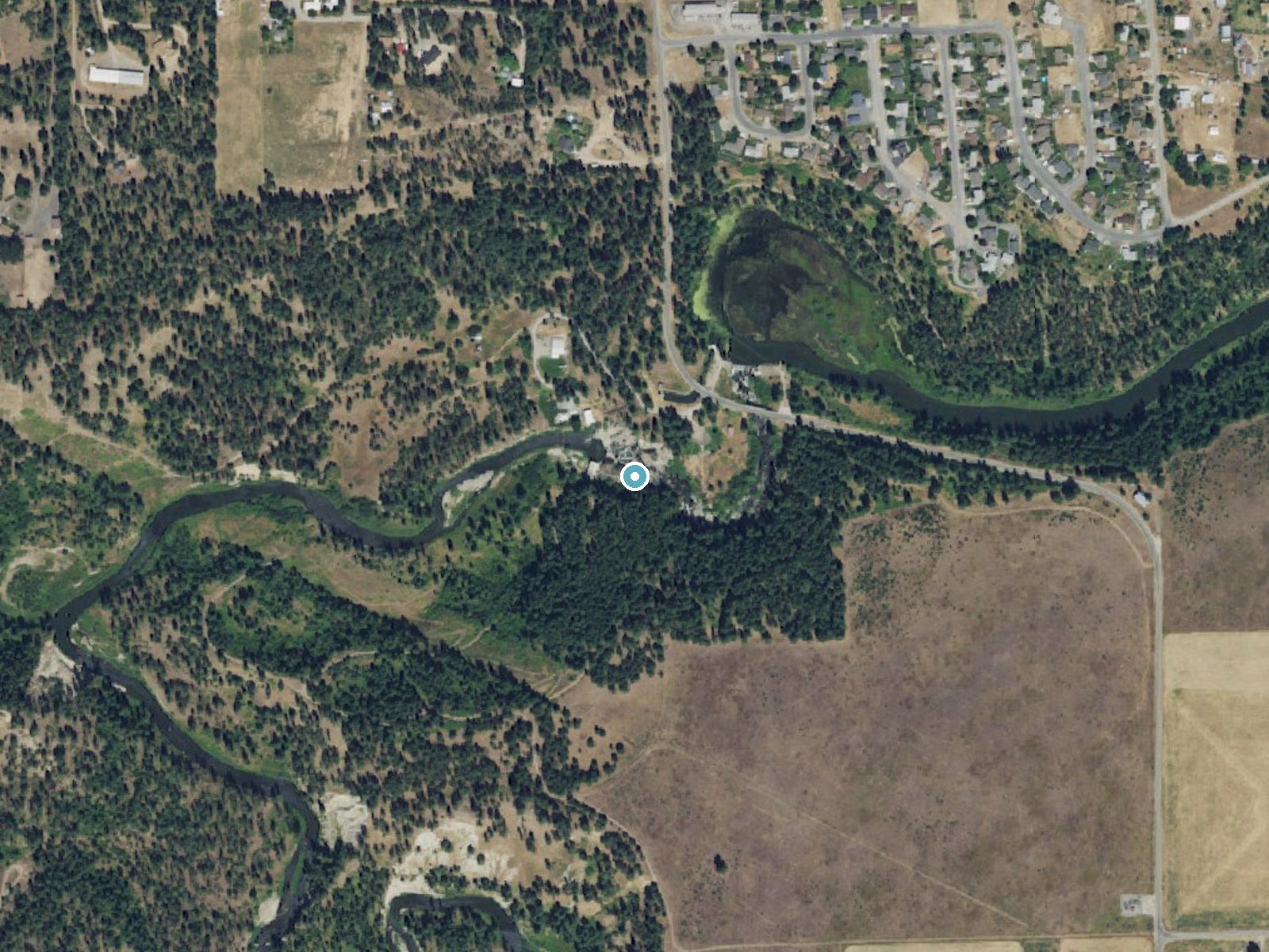 Aerial photo of the same ground around Meyers Falls near Kettle Falls, Washington, for comparison with the lidar view