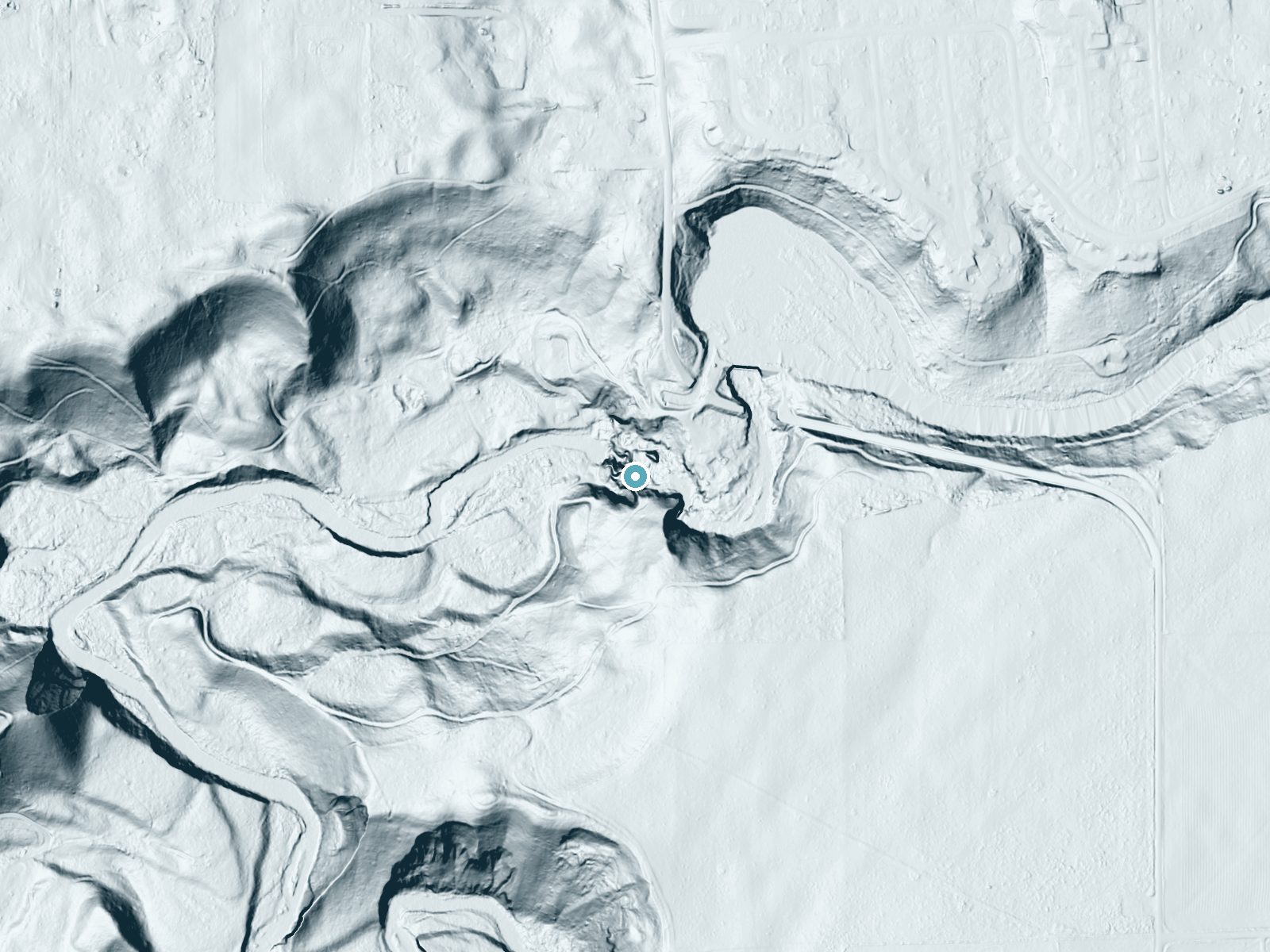 LiDAR bare-earth terrain around Meyers Falls near Kettle Falls, Washington, showing about 163 feet of drop, a steep tiered drop, facing northwest