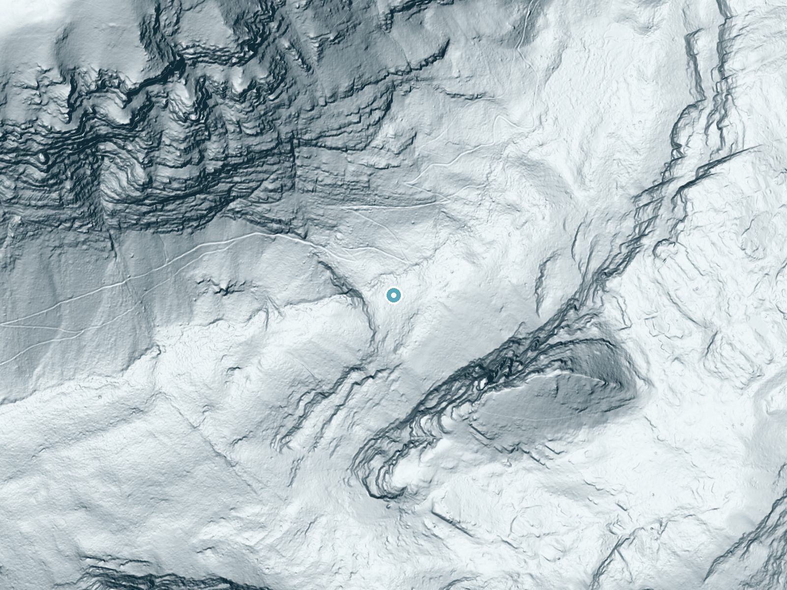 LiDAR bare-earth terrain around Beaver Medicine Falls near West Glacier, Montana, showing about 287 feet of drop, a steep tiered drop, facing west