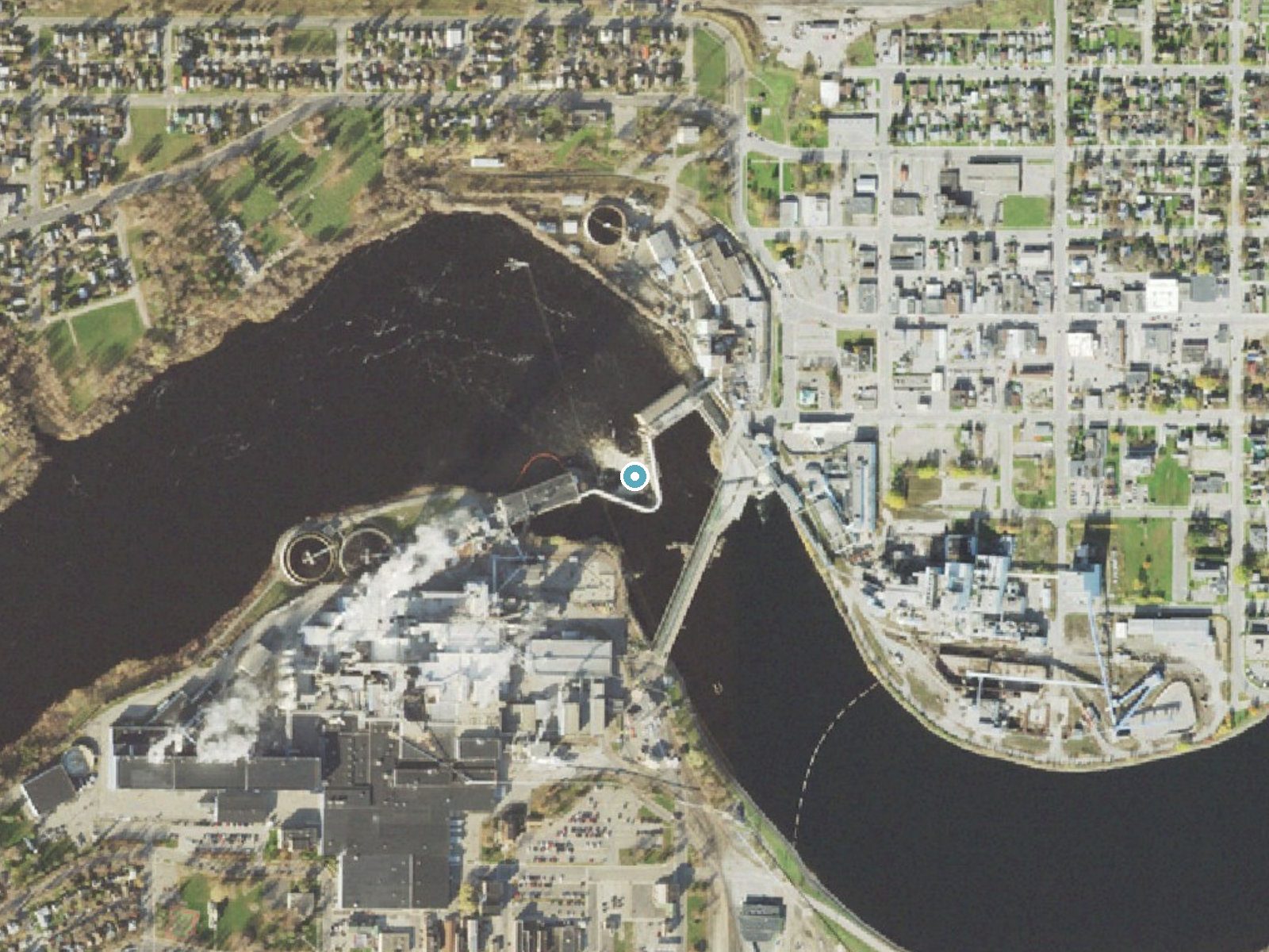 Aerial photo of the same ground around Koochiching Falls near International Falls, Minnesota, for comparison with the lidar view