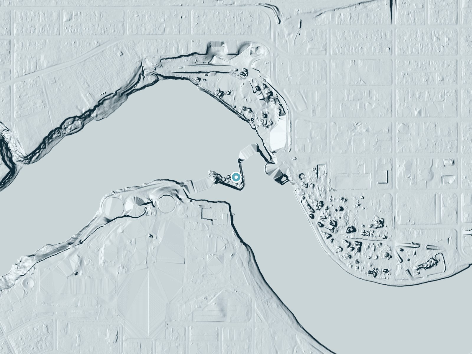 LiDAR bare-earth terrain around Koochiching Falls near International Falls, Minnesota, showing about 27 feet of drop, a long cascade, facing northwest