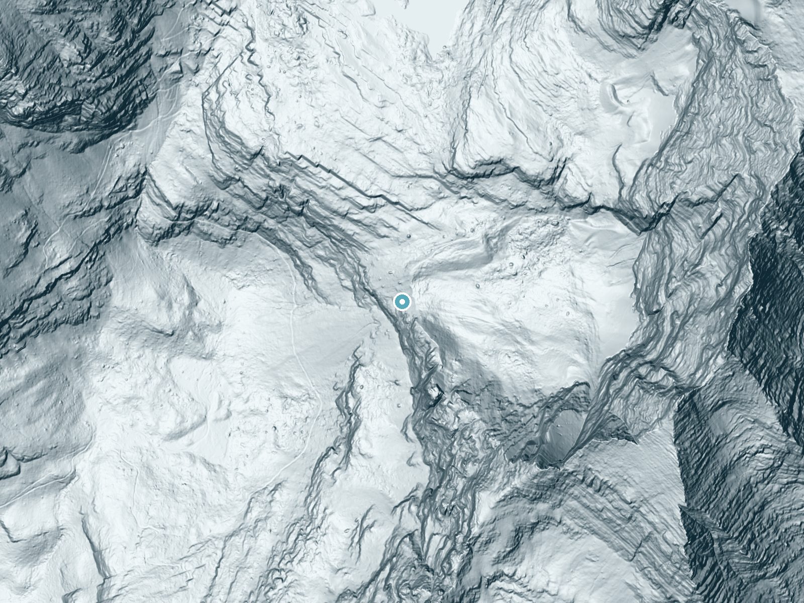 LiDAR bare-earth terrain around Feather Woman Falls near West Glacier, Montana, showing about 435 feet of drop, a single sheer drop, facing west