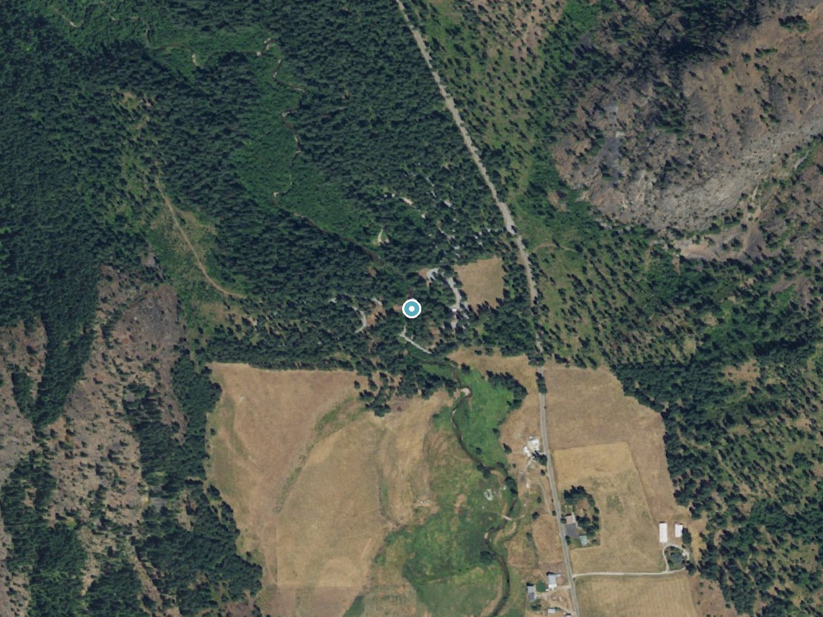 Aerial photo of the same ground around Douglass Falls near Colville, Washington, for comparison with the lidar view