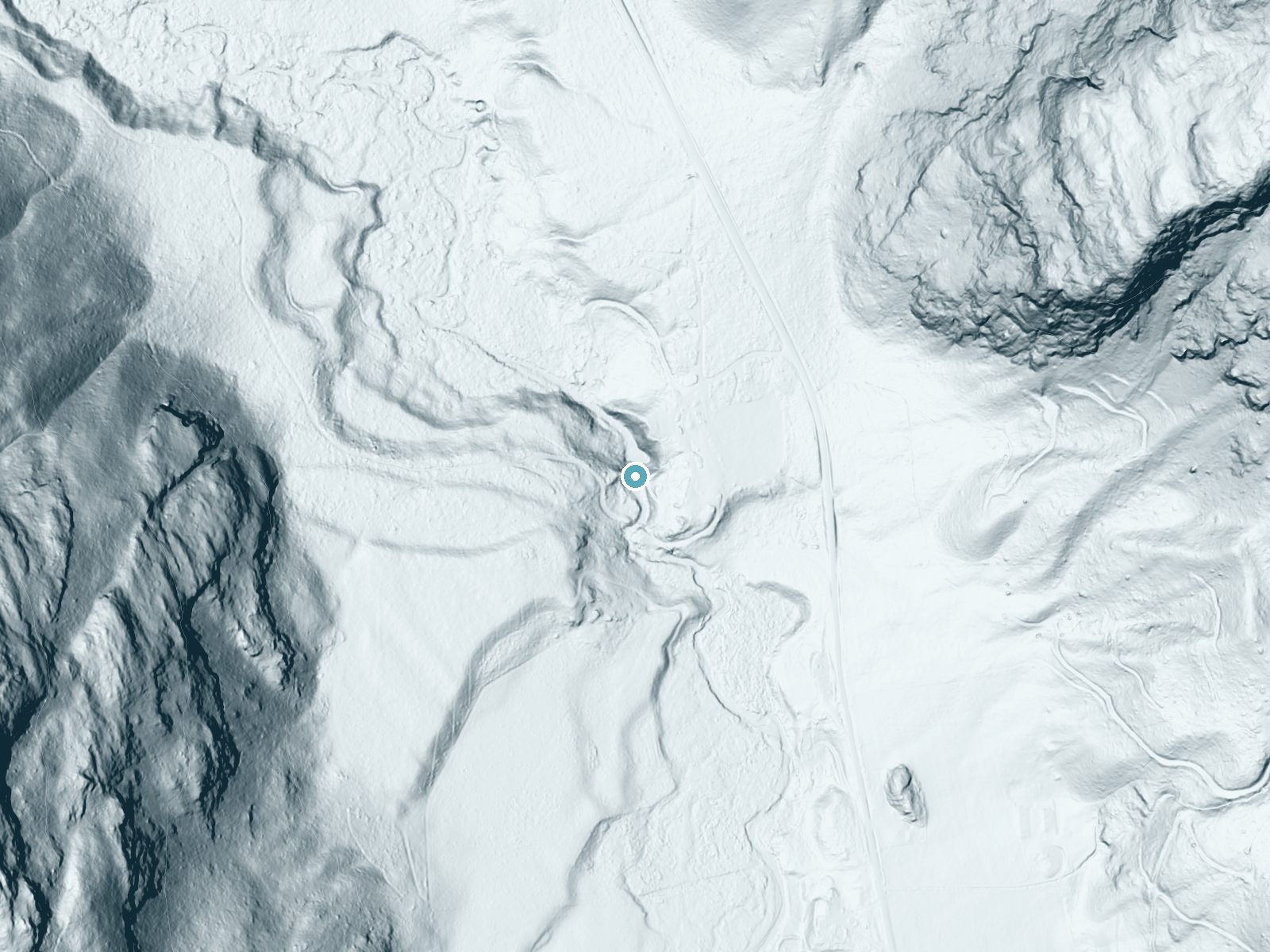 LiDAR bare-earth terrain around Douglass Falls near Colville, Washington, showing about 84 feet of drop, a long cascade, facing northwest