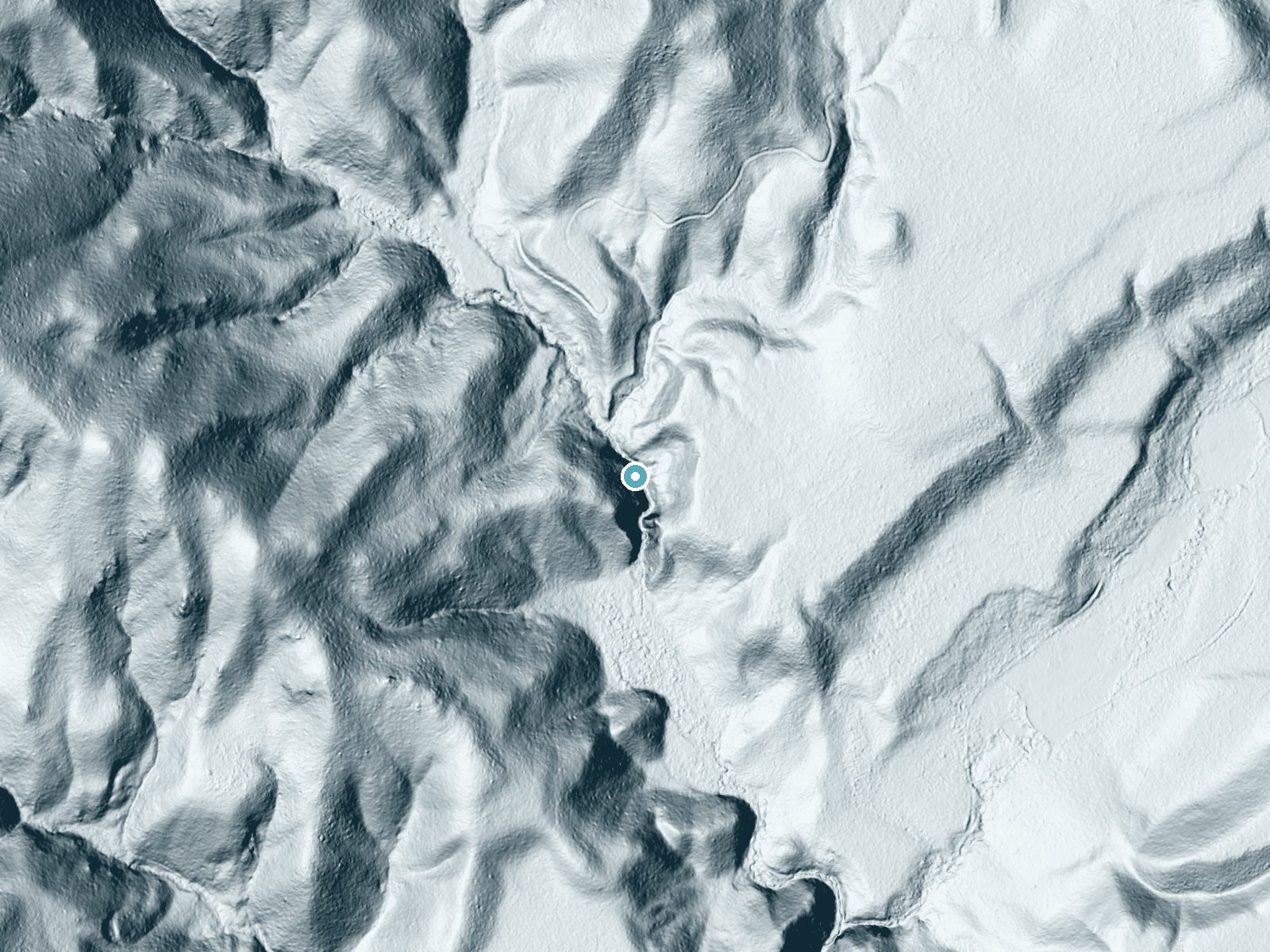LiDAR bare-earth terrain around Kalispell Falls near Coolin, Washington, showing about 128 feet of drop, a steep tiered drop, facing northeast