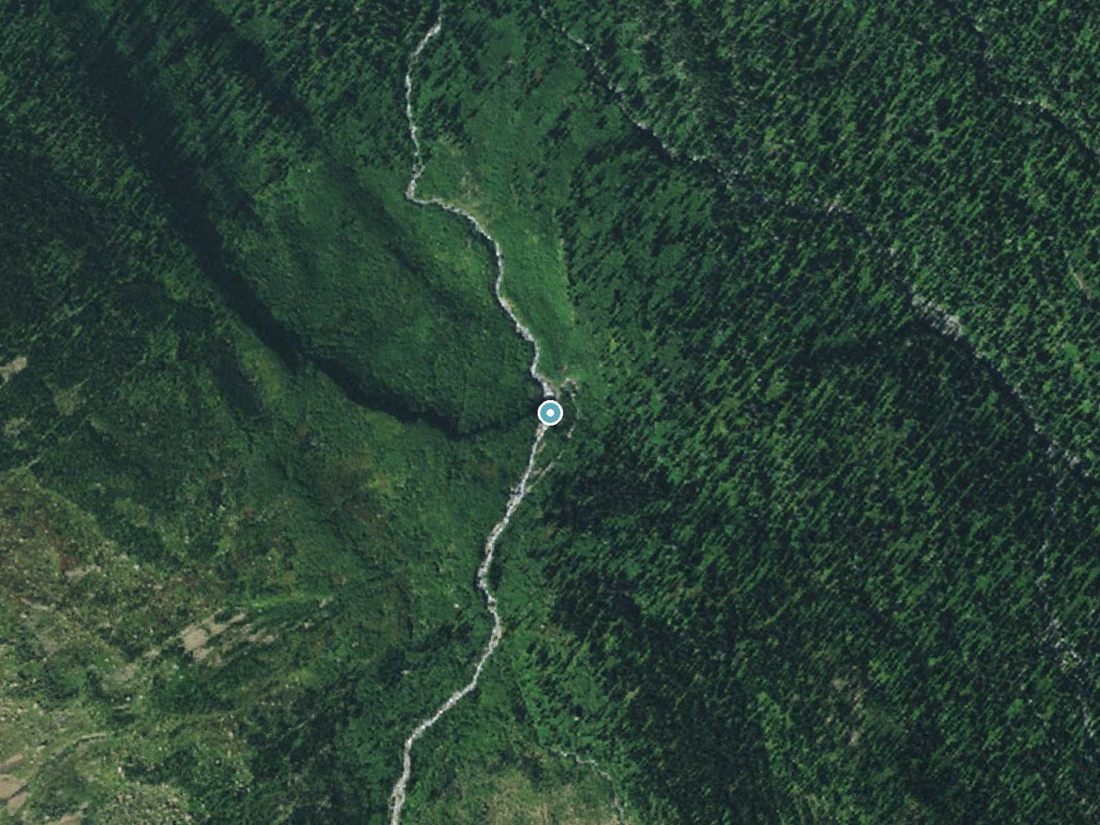 Aerial photo of the same ground around Siksika Falls near Pinnacle, Montana, for comparison with the lidar view