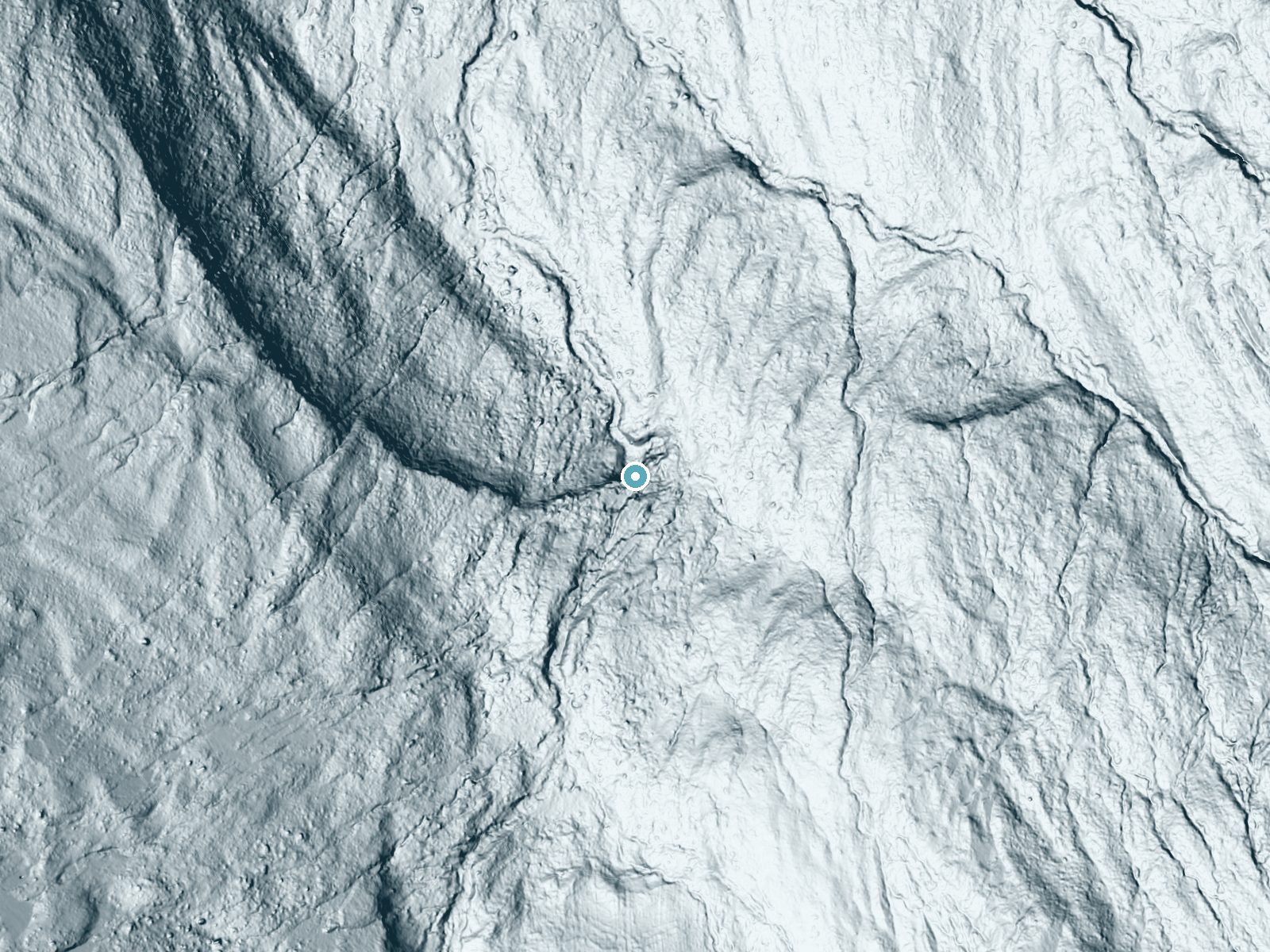 LiDAR bare-earth terrain around Siksika Falls near Pinnacle, Montana, showing about 205 feet of drop, a single sheer drop, facing north