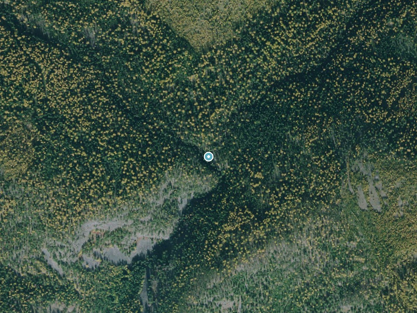 Aerial photo of the same ground around Tenmile Falls near Trego, Montana, for comparison with the lidar view