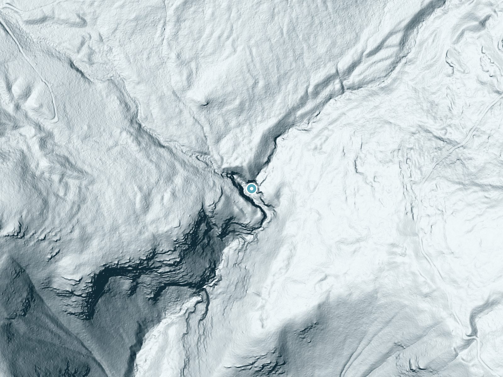 LiDAR bare-earth terrain around Tenmile Falls near Trego, Montana, showing about 186 feet of drop, a steep tiered drop, facing south