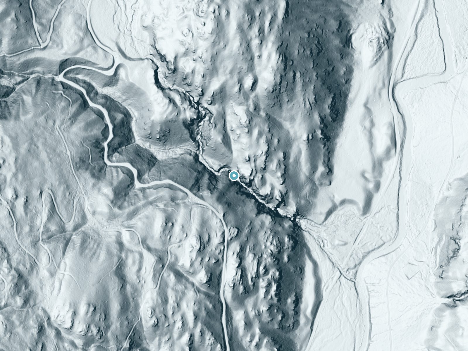LiDAR bare-earth terrain around Falls Creek Falls near Winthrop, Washington, showing about 238 feet of drop, a steep tiered drop, facing southeast