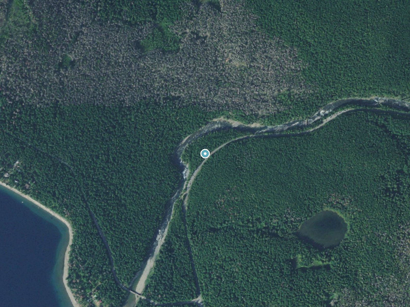 Aerial photo of the same ground around McDonald Falls near West Glacier, Montana, for comparison with the lidar view