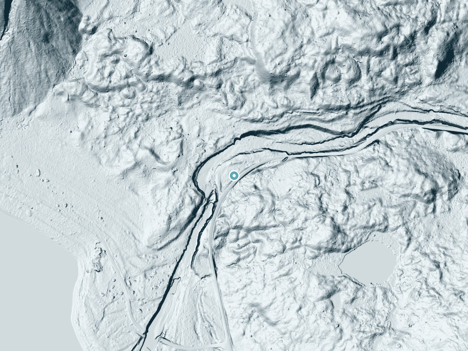 LiDAR bare-earth terrain around McDonald Falls near West Glacier, Montana, showing about 60 feet of drop, a long cascade, facing northwest