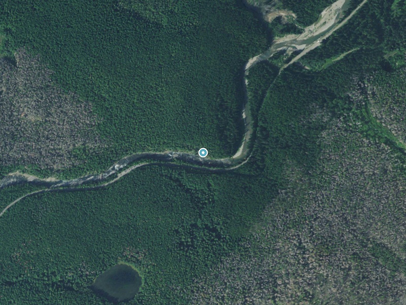Aerial photo of the same ground around Sacred Dancing Cascade near West Glacier, Montana, for comparison with the lidar view