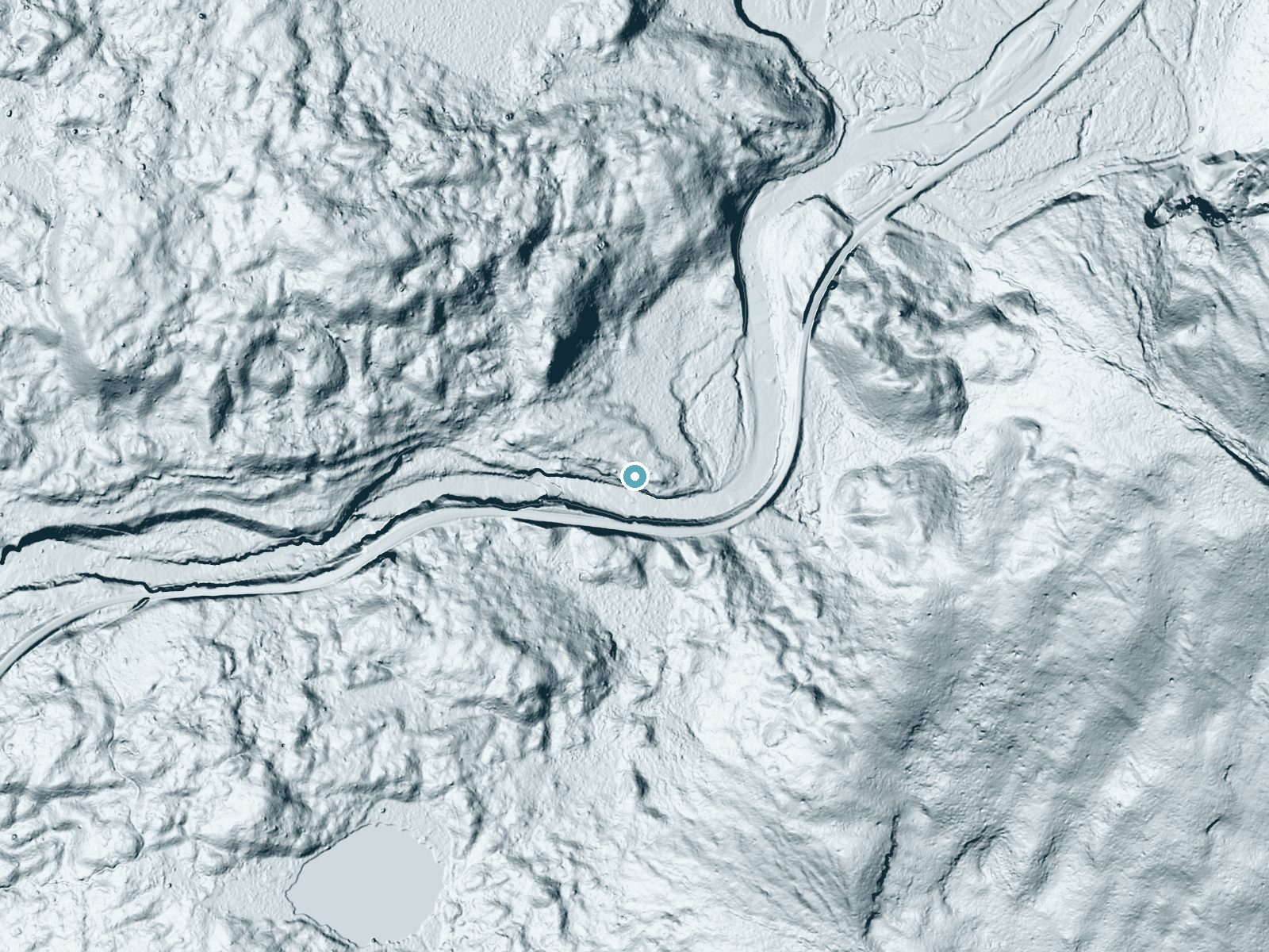 LiDAR bare-earth terrain around Sacred Dancing Cascade near West Glacier, Montana, showing about 45 feet of drop, a long cascade, facing south