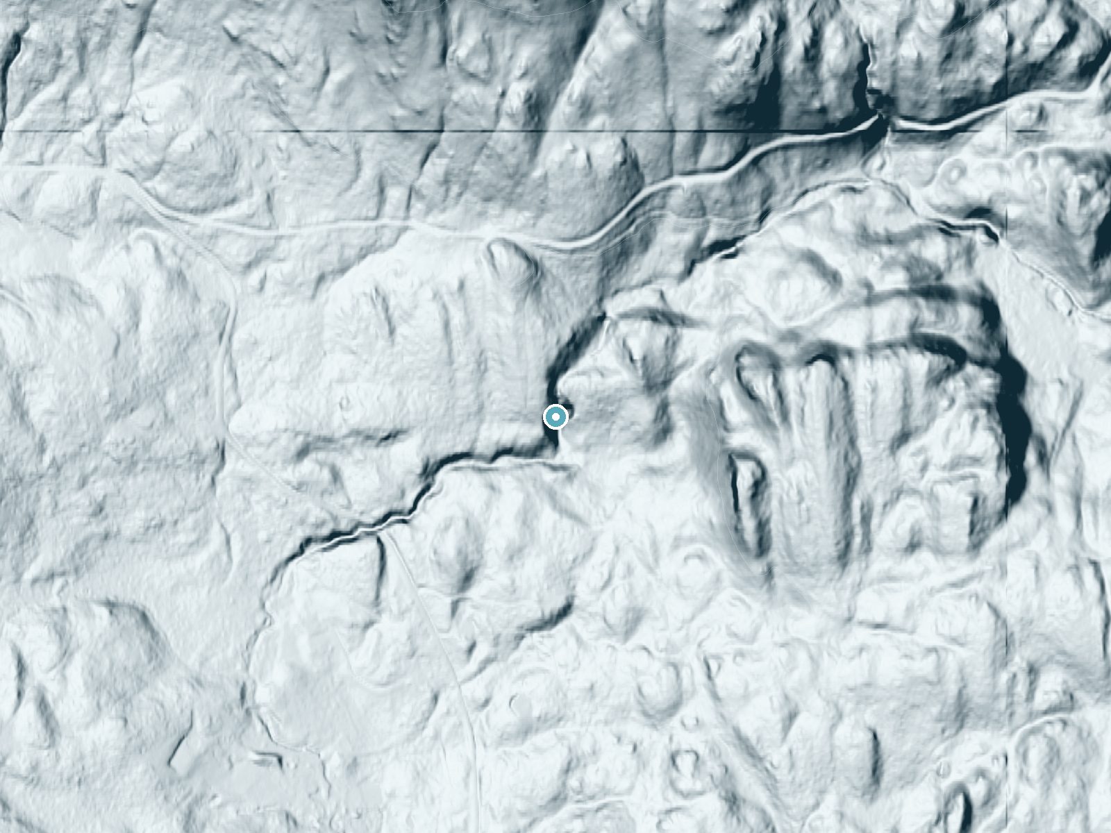LiDAR bare-earth terrain around Cascade Falls near Roche Harbor, Washington, showing about 119 feet of drop, a steep tiered drop, facing south