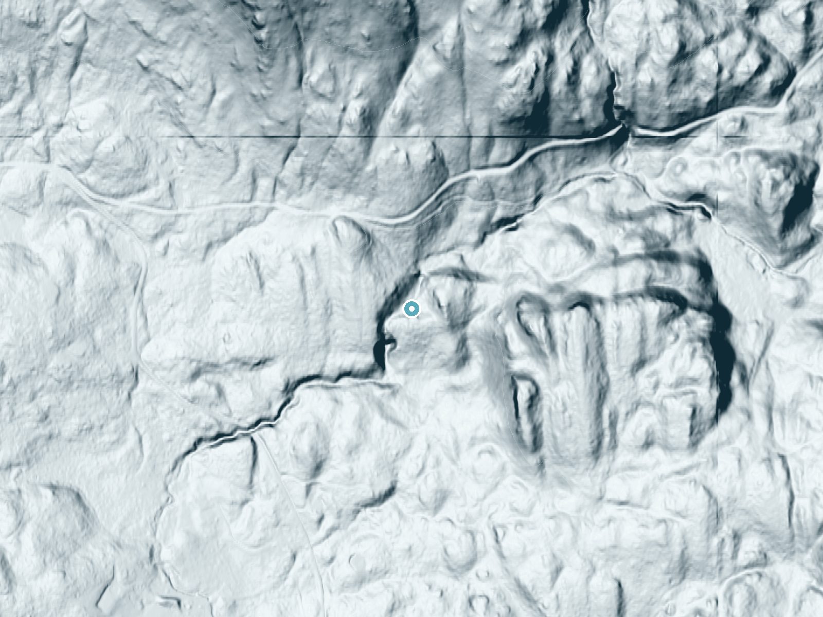 LiDAR bare-earth terrain around Rustic Falls near Roche Harbor, Washington, showing about 110 feet of drop, a steep tiered drop, facing southwest