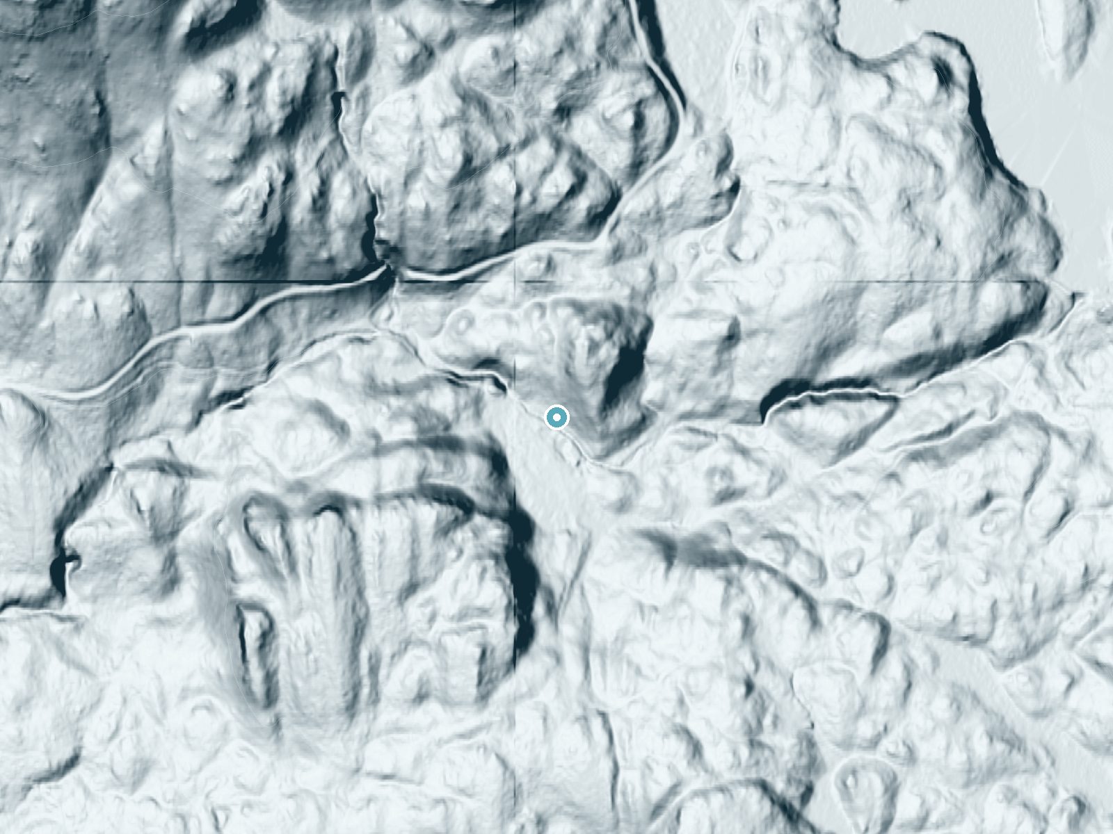 LiDAR bare-earth terrain around Hidden Falls near Roche Harbor, Washington, showing about 165 feet of drop, a steep tiered drop, facing southwest
