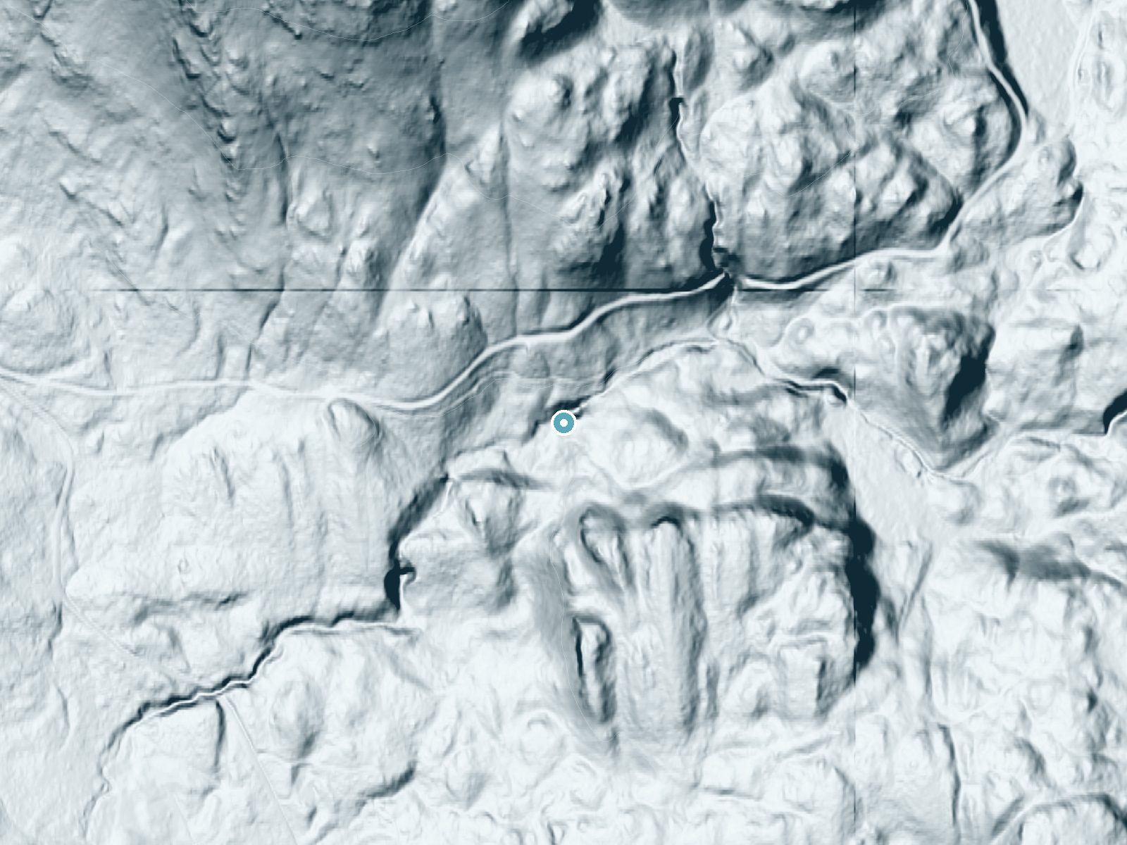 LiDAR bare-earth terrain around Cavern Falls near Roche Harbor, Washington, showing about 107 feet of drop, a long cascade, facing southwest