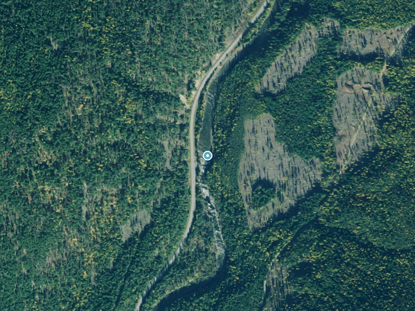 Aerial photo of the same ground around Yaak Falls near Sylvanite, Montana, for comparison with the lidar view