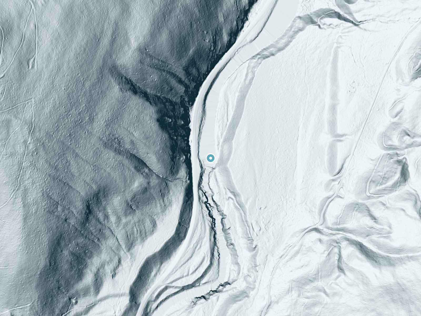 LiDAR bare-earth terrain around Yaak Falls near Sylvanite, Montana, showing about 125 feet of drop, a steep tiered drop, facing west