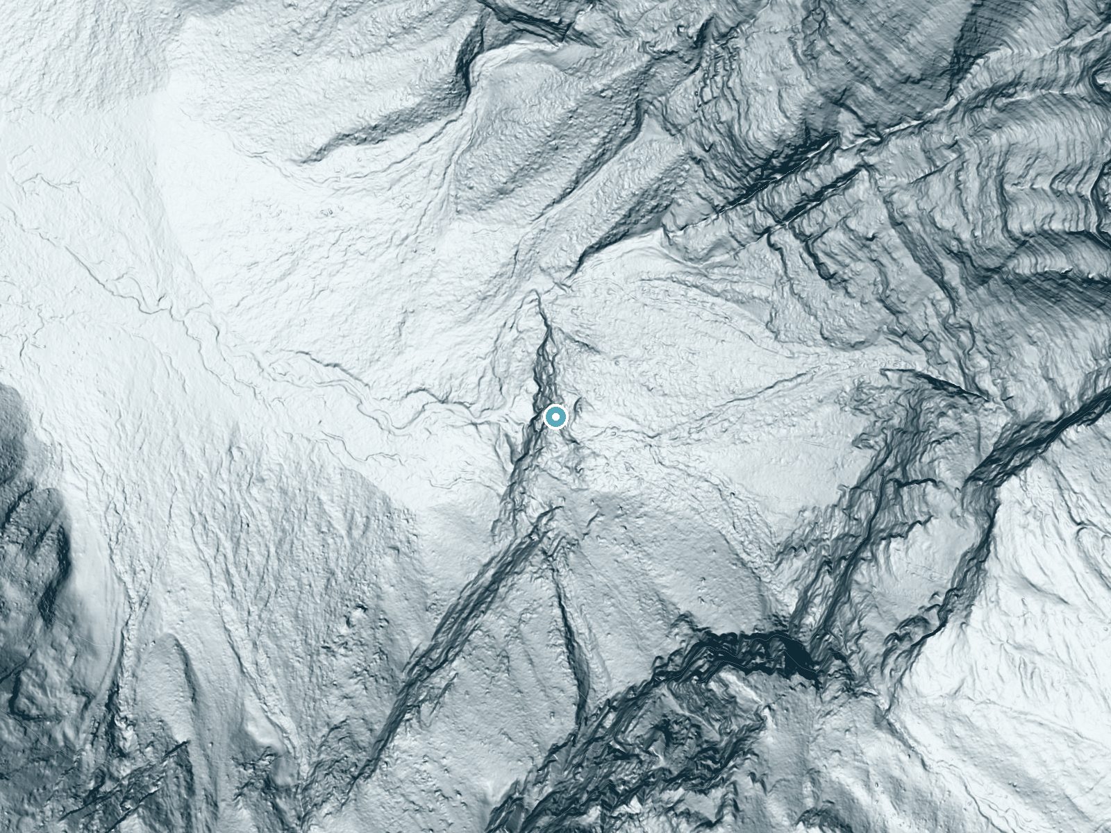 LiDAR bare-earth terrain around Monument Falls near West Glacier, Montana, showing about 365 feet of drop, a single sheer drop, facing west