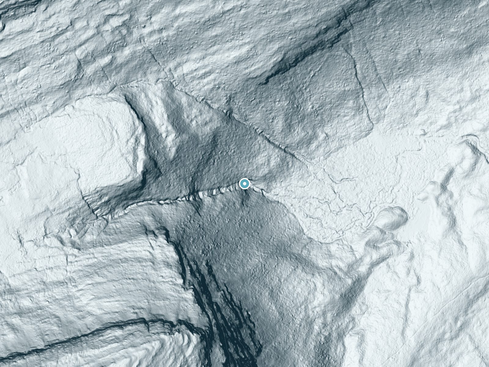 LiDAR bare-earth terrain around Florence Falls near Saint Mary, Montana, showing about 262 feet of drop, a steep tiered drop, facing east