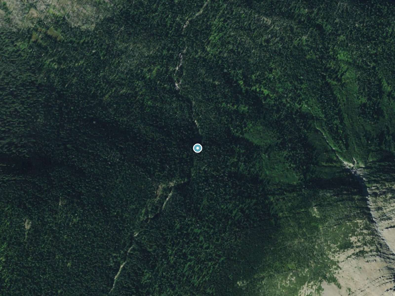 Aerial photo of the same ground around Virginia Falls near Saint Mary, Montana, for comparison with the lidar view