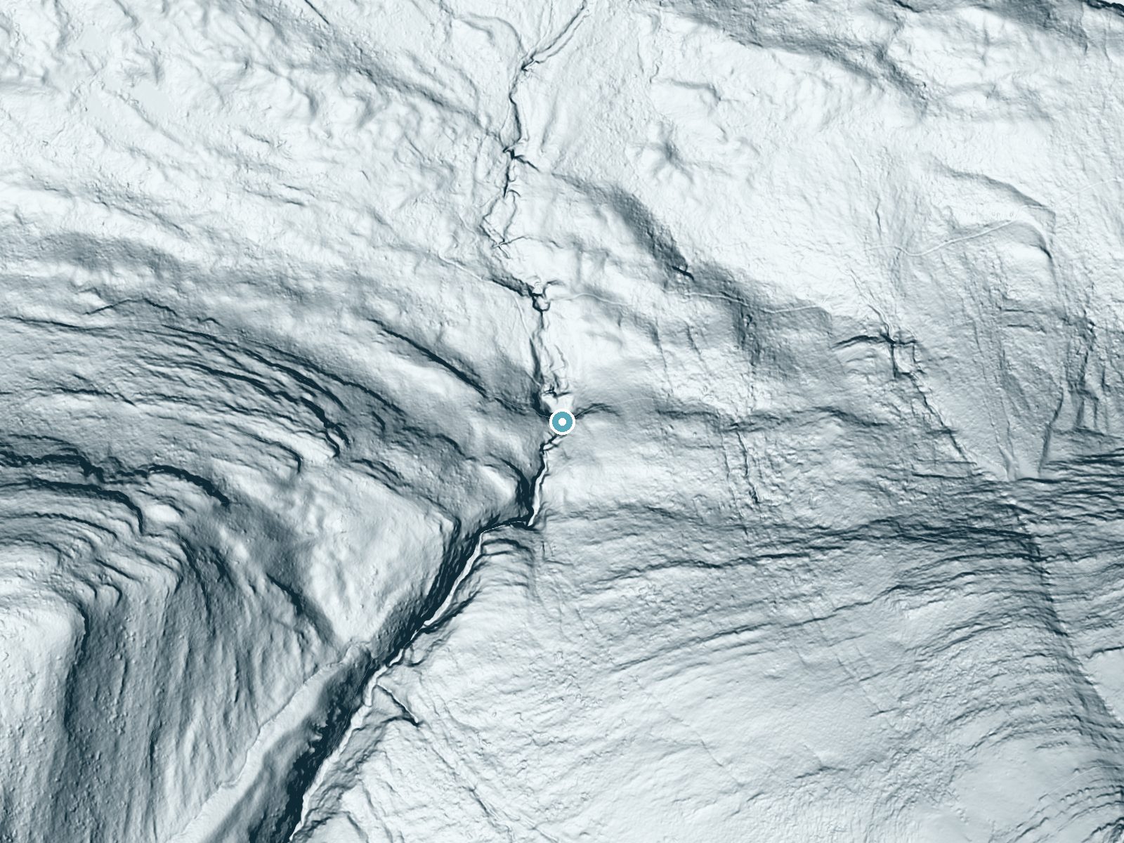 LiDAR bare-earth terrain around Virginia Falls near Saint Mary, Montana, showing about 275 feet of drop, a steep tiered drop, facing north