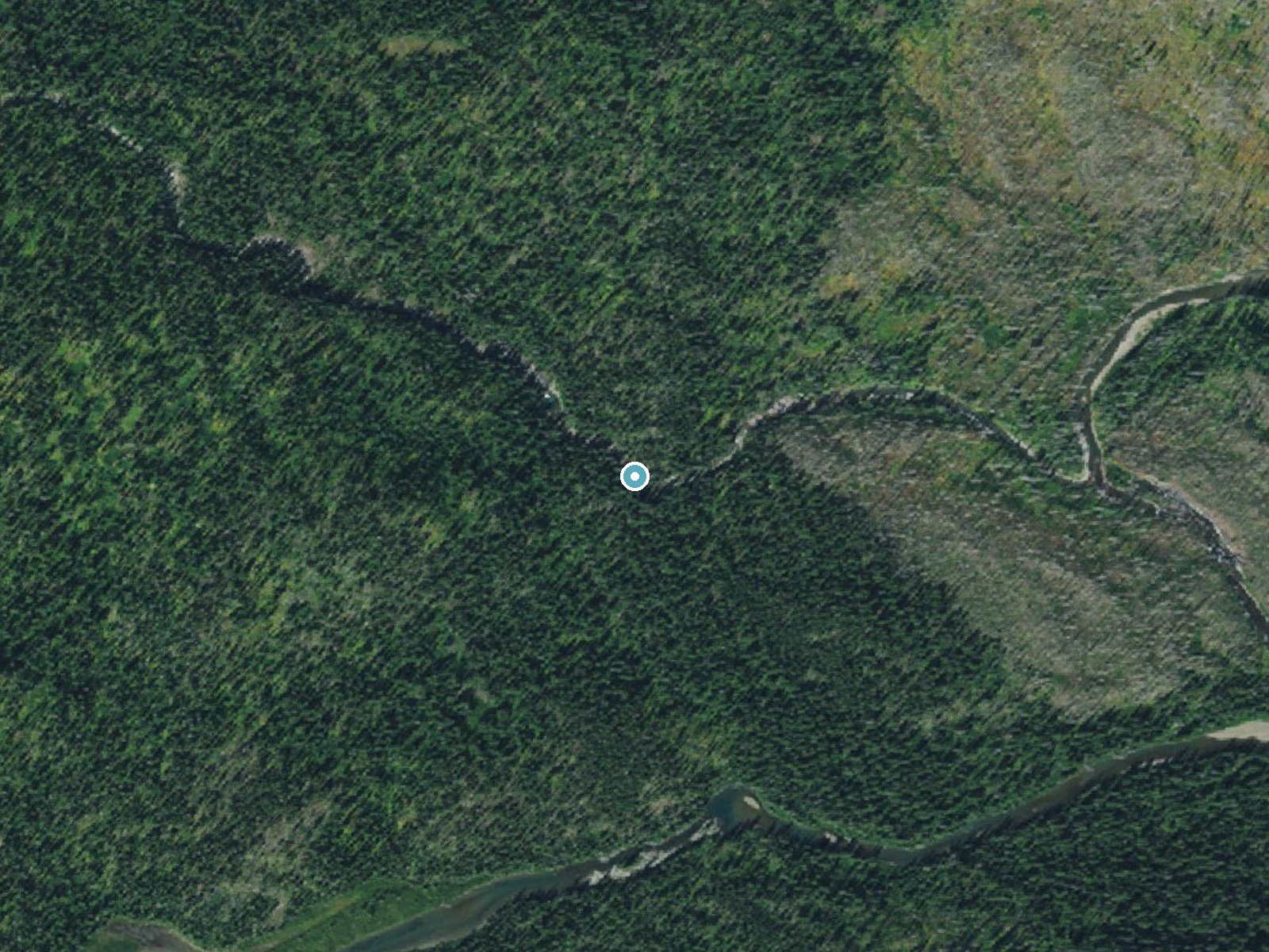Aerial photo of the same ground around Deadwood Falls near Saint Mary, Montana, for comparison with the lidar view