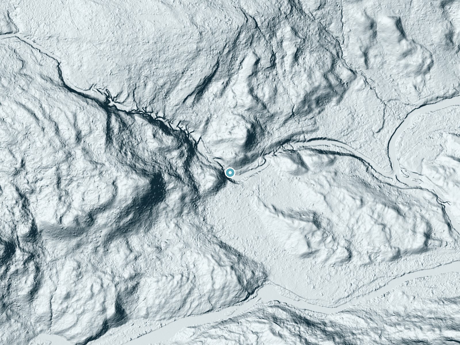 LiDAR bare-earth terrain around Deadwood Falls near Saint Mary, Montana, showing about 79 feet of drop, a long cascade, facing southeast