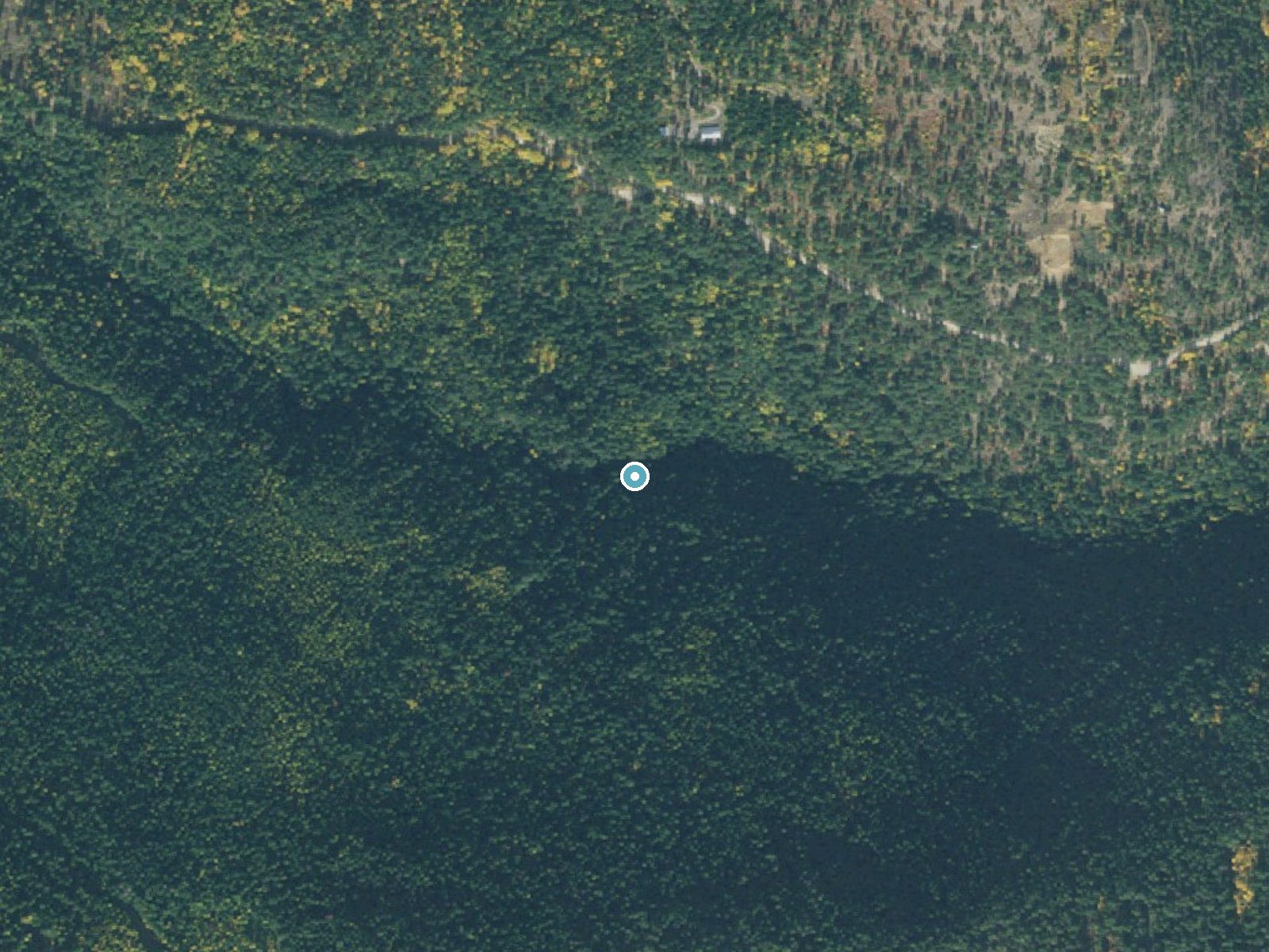 Aerial photo of the same ground around Snow Creek Falls near Bonners Ferry, Idaho, for comparison with the lidar view