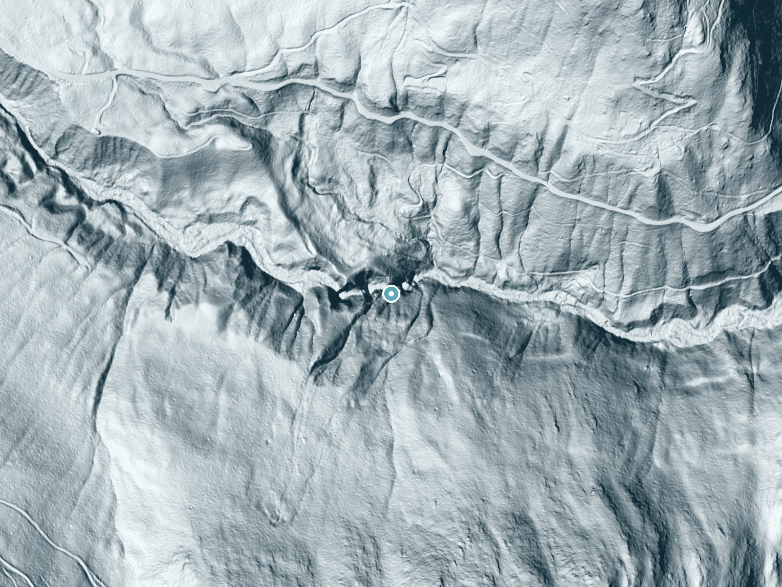 LiDAR bare-earth terrain around Snow Creek Falls near Bonners Ferry, Idaho, showing about 232 feet of drop, a steep tiered drop, facing northeast