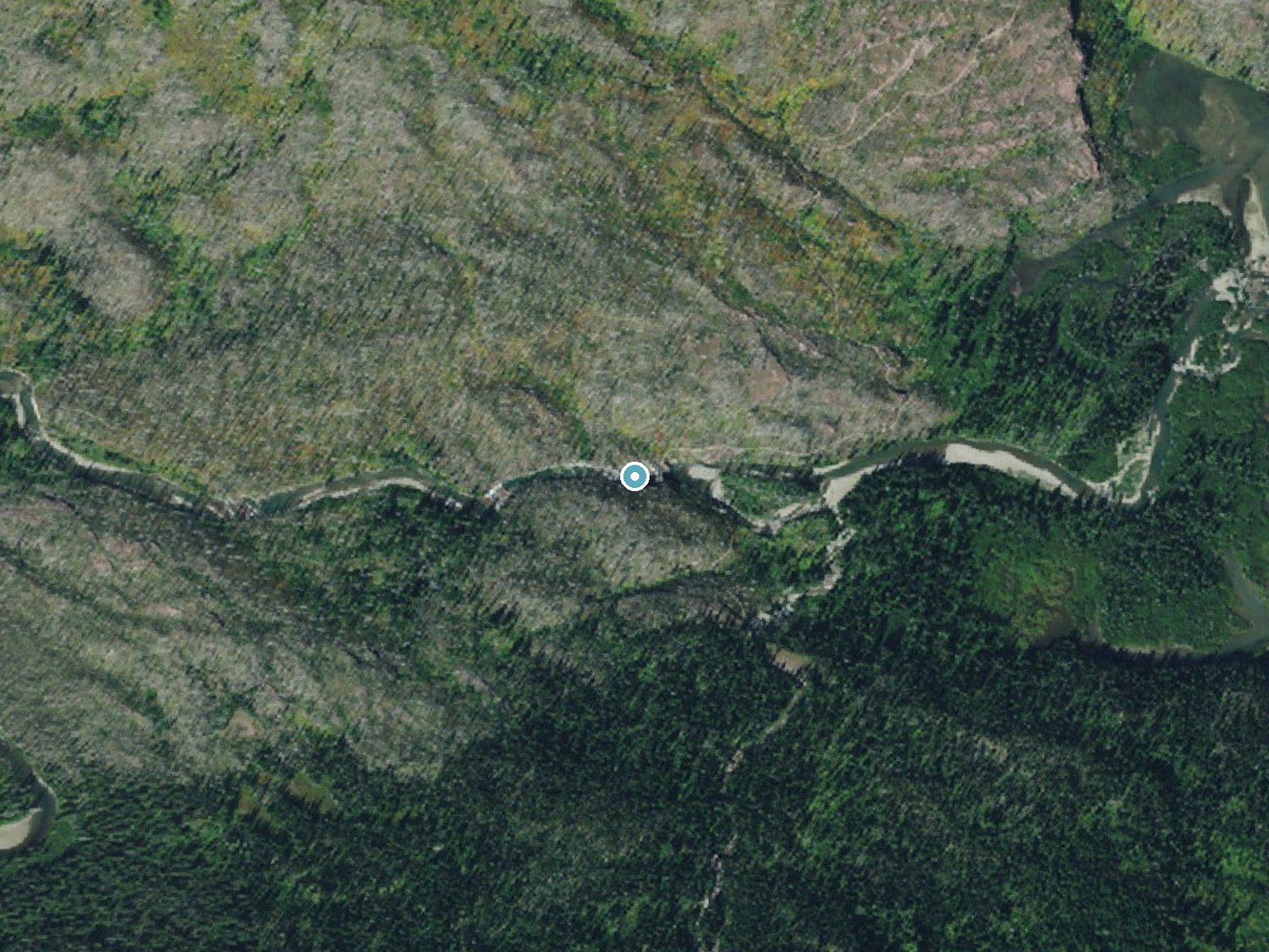 Aerial photo of the same ground around Saint Mary Falls near Saint Mary, Montana, for comparison with the lidar view