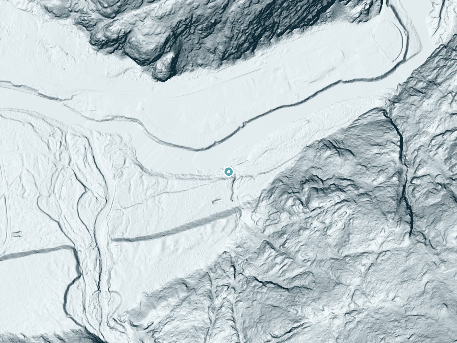 LiDAR bare-earth terrain around Ladder Creek Falls near Marblemount, Washington, showing about 32 feet of drop, a long cascade, facing north