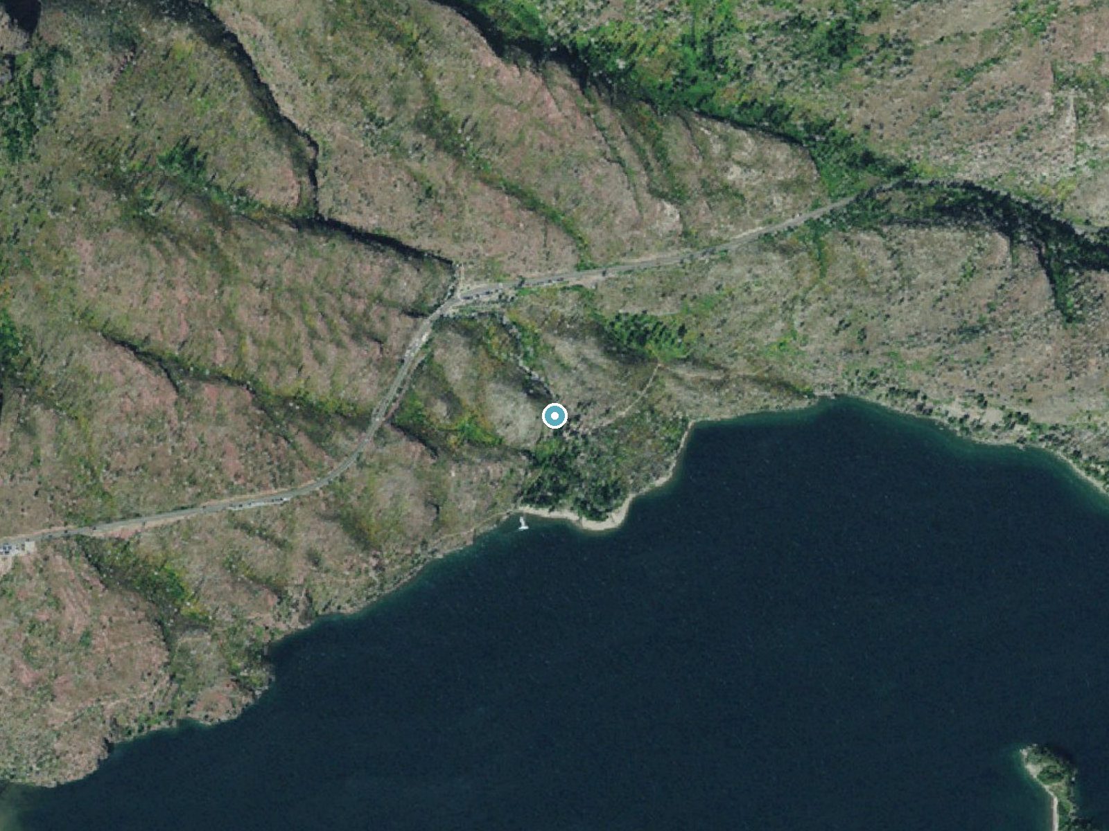 Aerial photo of the same ground around Baring Falls near Saint Mary, Montana, for comparison with the lidar view
