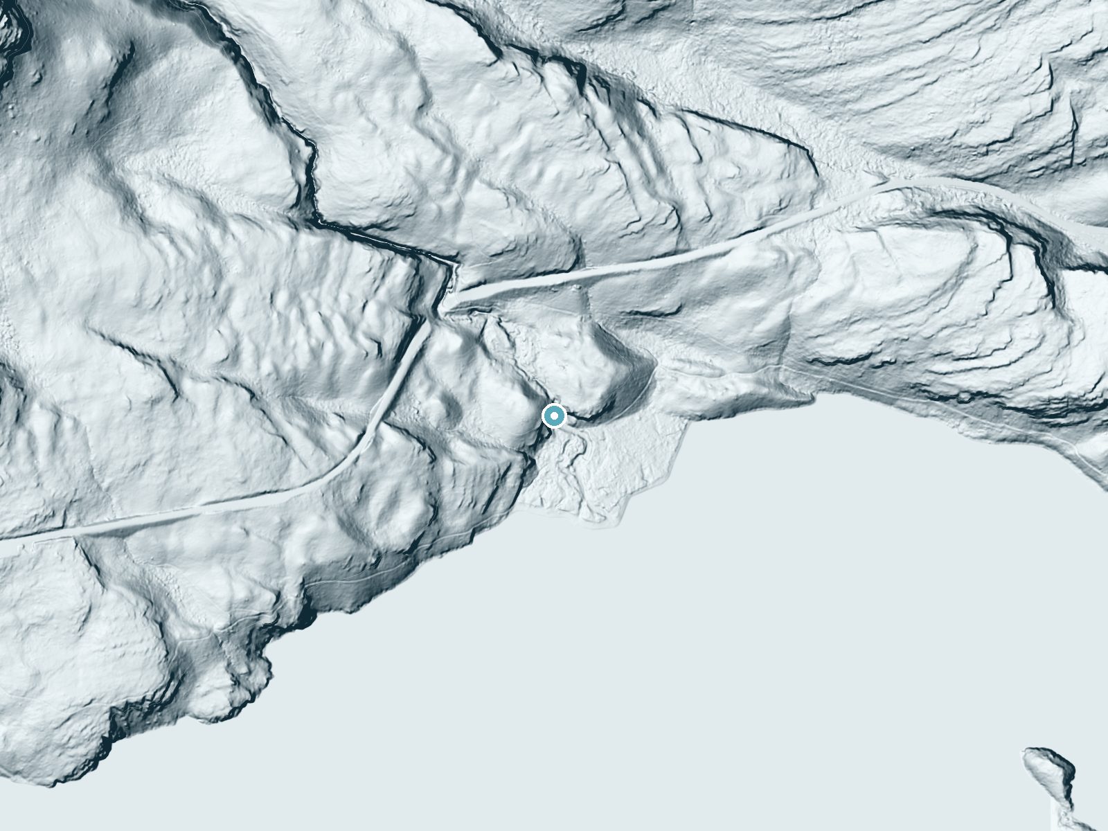 LiDAR bare-earth terrain around Baring Falls near Saint Mary, Montana, showing about 136 feet of drop, a steep tiered drop, facing southeast