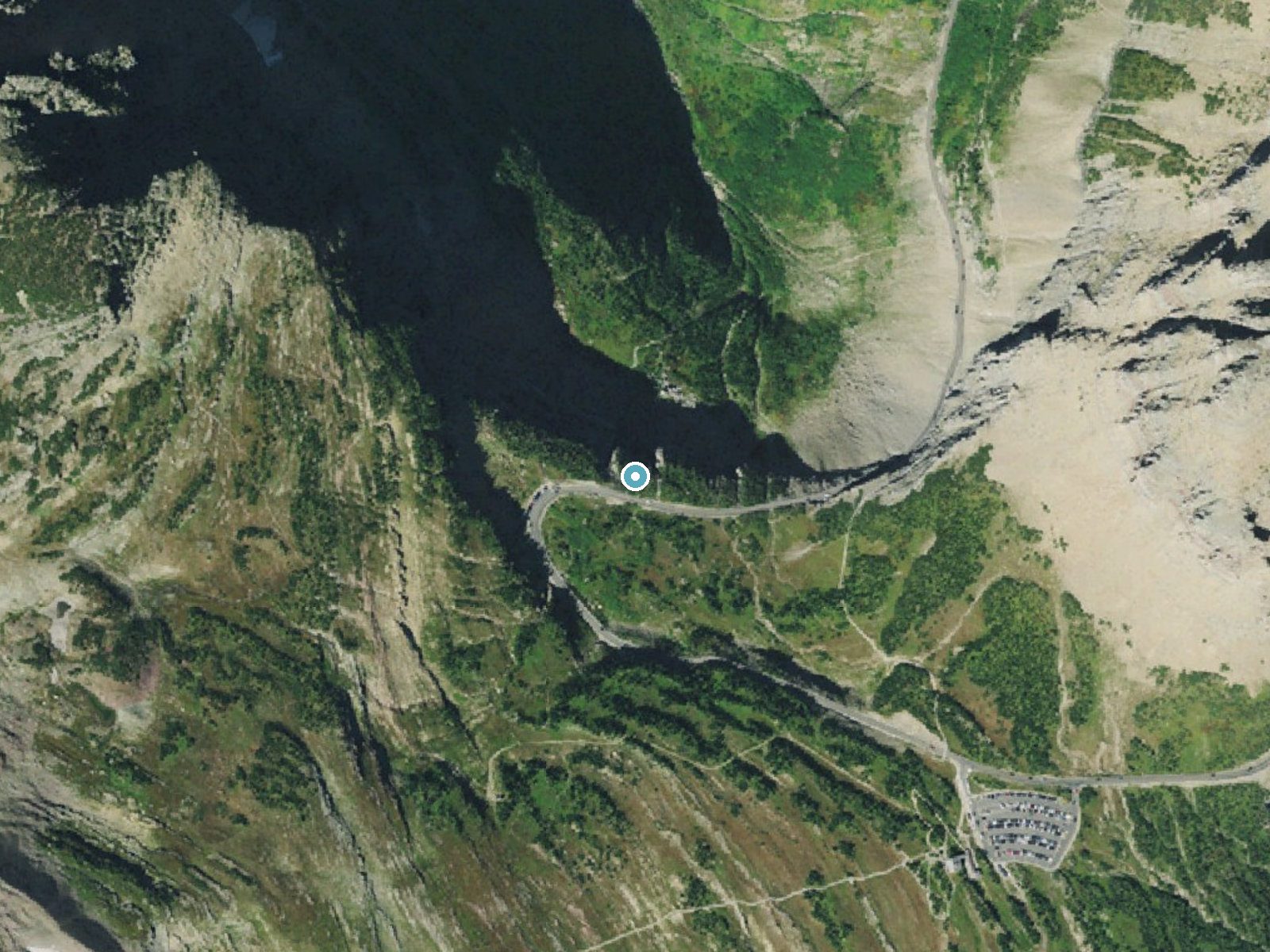 Aerial photo of the same ground around Oberlin Falls near Saint Mary, Montana, for comparison with the lidar view