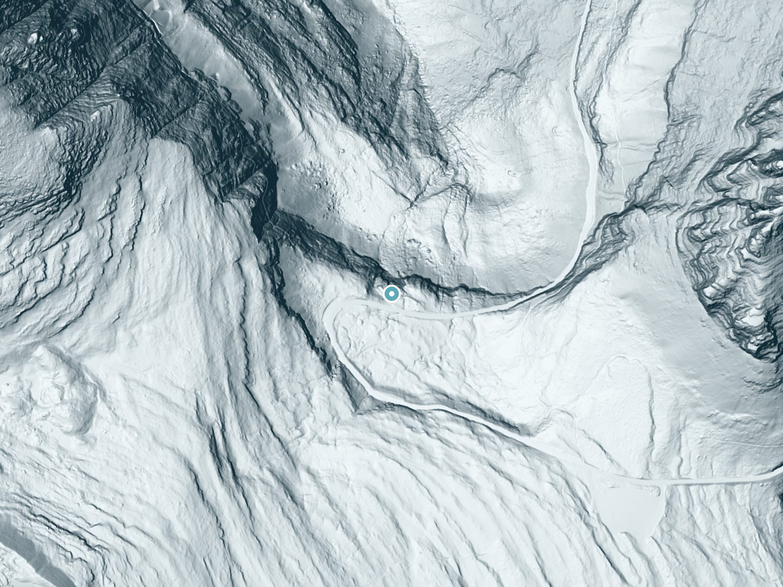 LiDAR bare-earth terrain around Oberlin Falls near Saint Mary, Montana, showing about 291 feet of drop, a single sheer drop, facing north
