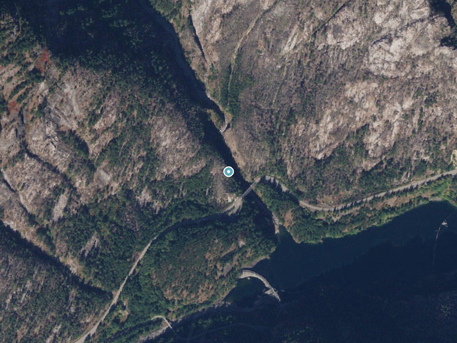 Aerial photo of the same ground around Gorge Creek Falls near Marblemount, Washington, for comparison with the lidar view