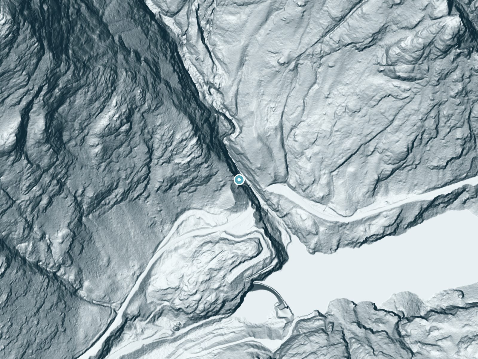 LiDAR bare-earth terrain around Gorge Creek Falls near Marblemount, Washington, showing about 441 feet of drop, a single sheer drop, facing east